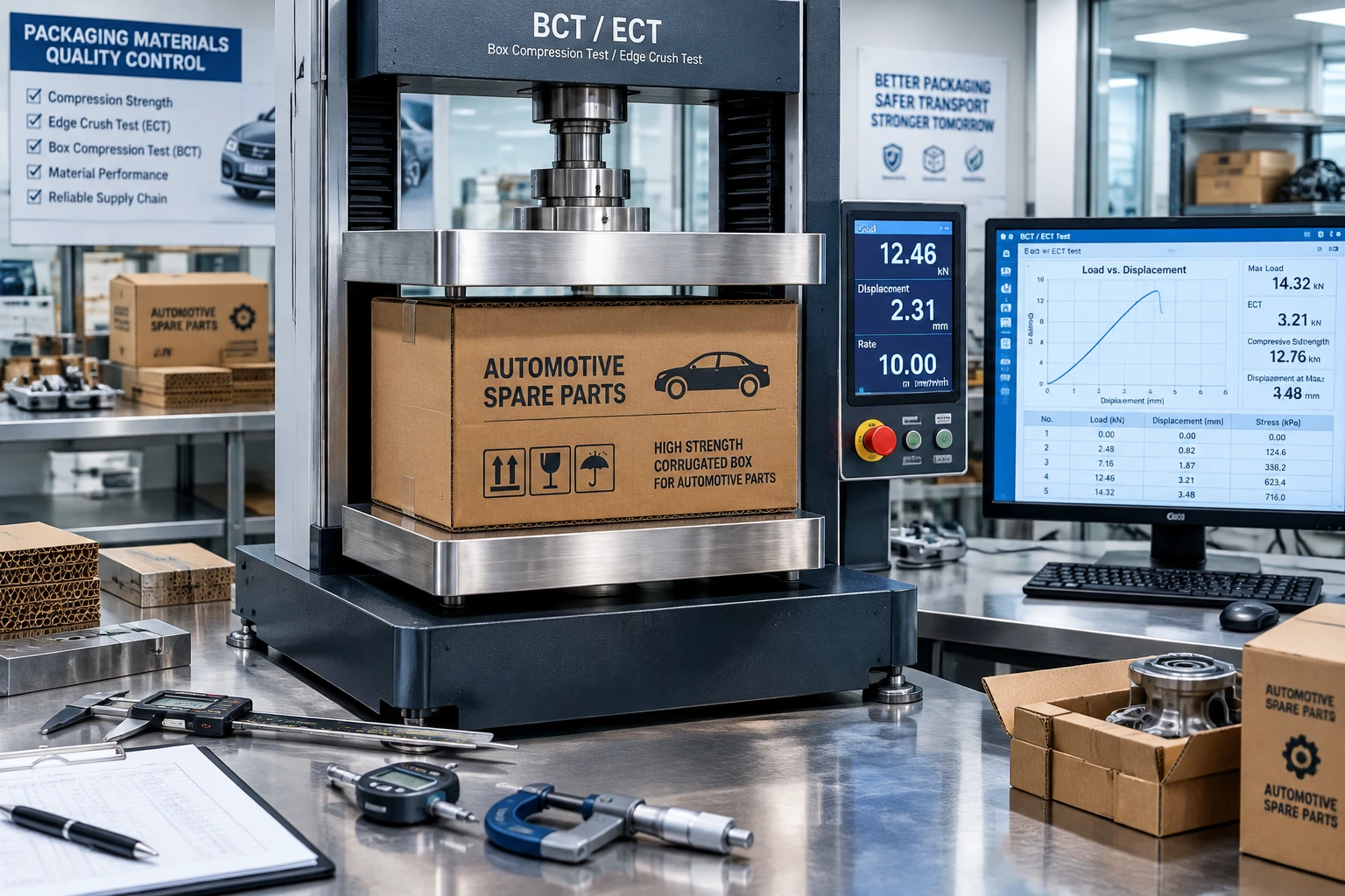 آزمایشگاه کنترل کیفیت کارتن قطعات خودرو و تجهیزات آزمون استاندارد BCT و ECT کارخانهای